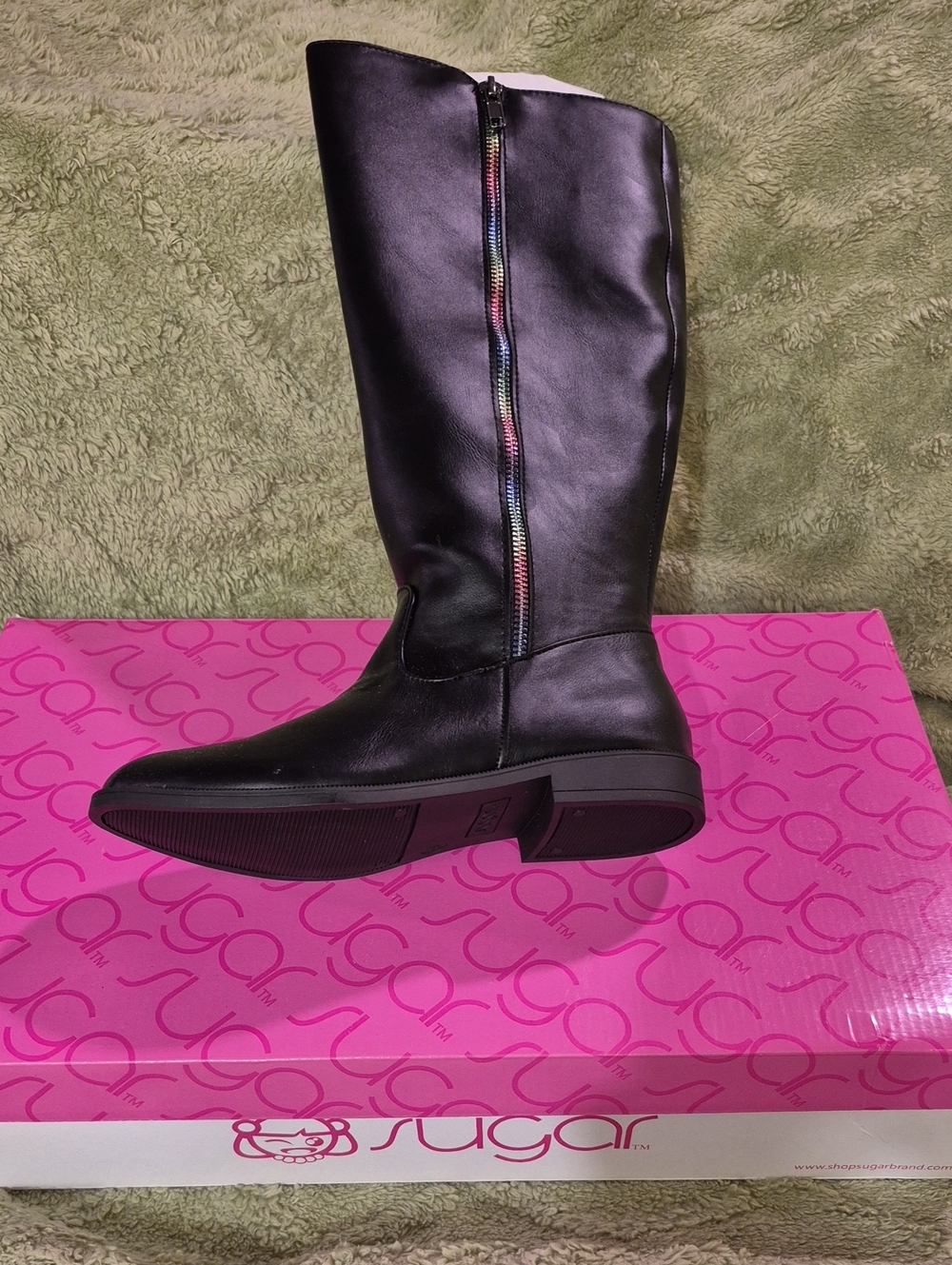 Sugar Black Knee High Leather Boot with Rainbow Zip